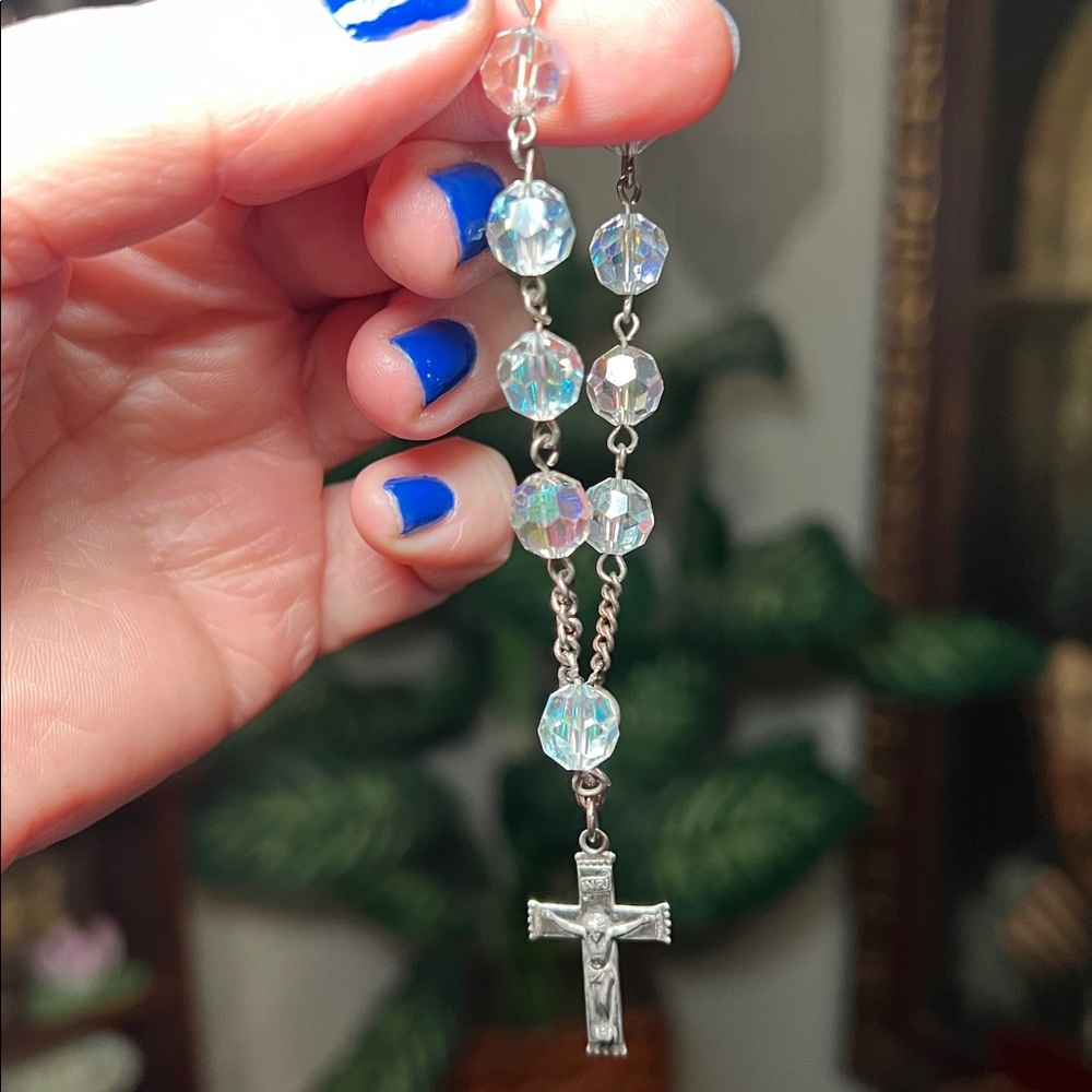Vintage Sterling Silver Iridescent Austrian Crystal Rosary Bracelet Catholic